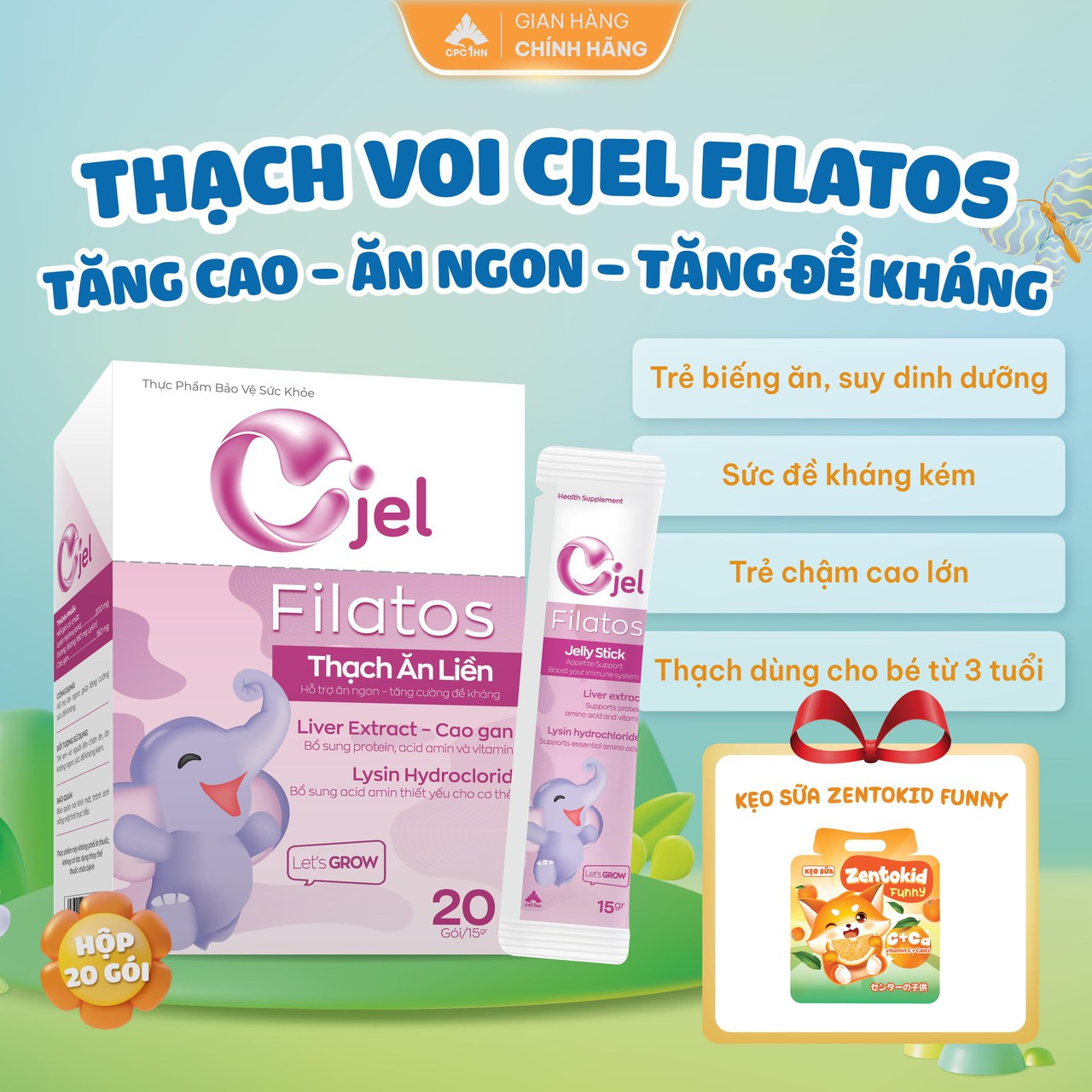 (Tặng Ngay) Thạch Voi Cjel Filatos – Bổ sung Lysin, Cao Gan | Hỗ trợ ăn ngon, tăng đề kháng cho trẻ