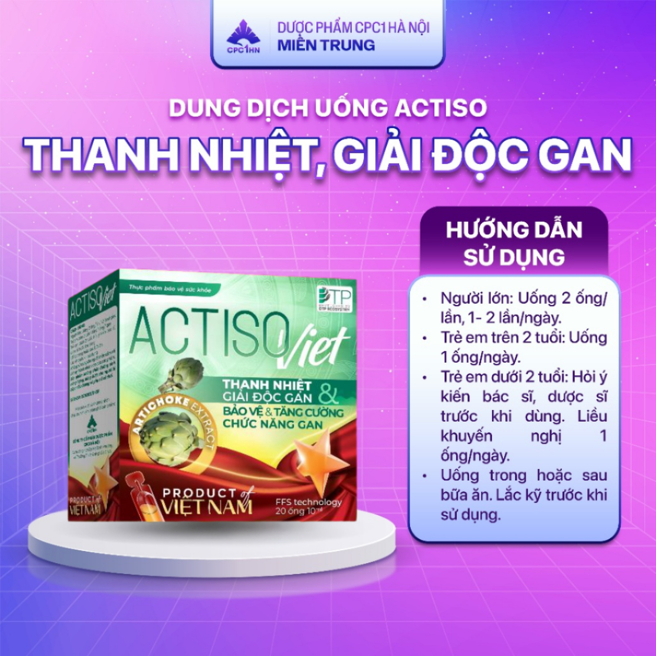 Dung Dịch Uống ACTISO VIET - Thanh Nhiệt Cơ Thể, Mát Gan, Tăng Cường Chức Năng Gan (Hộp 20 Ống)