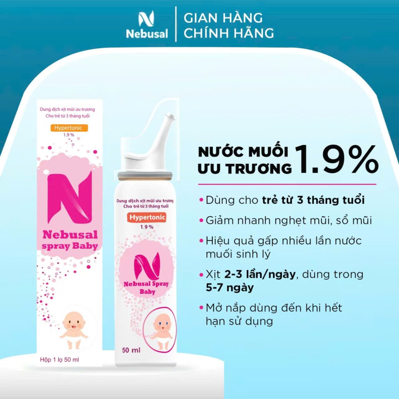 Xịt Mũi Nebusal Spray Baby 1.9% Bổ Sung Nước Muối Ưu Trương Hỗ Trợ Giảm Nghẹt Mũi, Sổ Mũi, Viêm Mũi Cho Bé (Lọ 50ml)