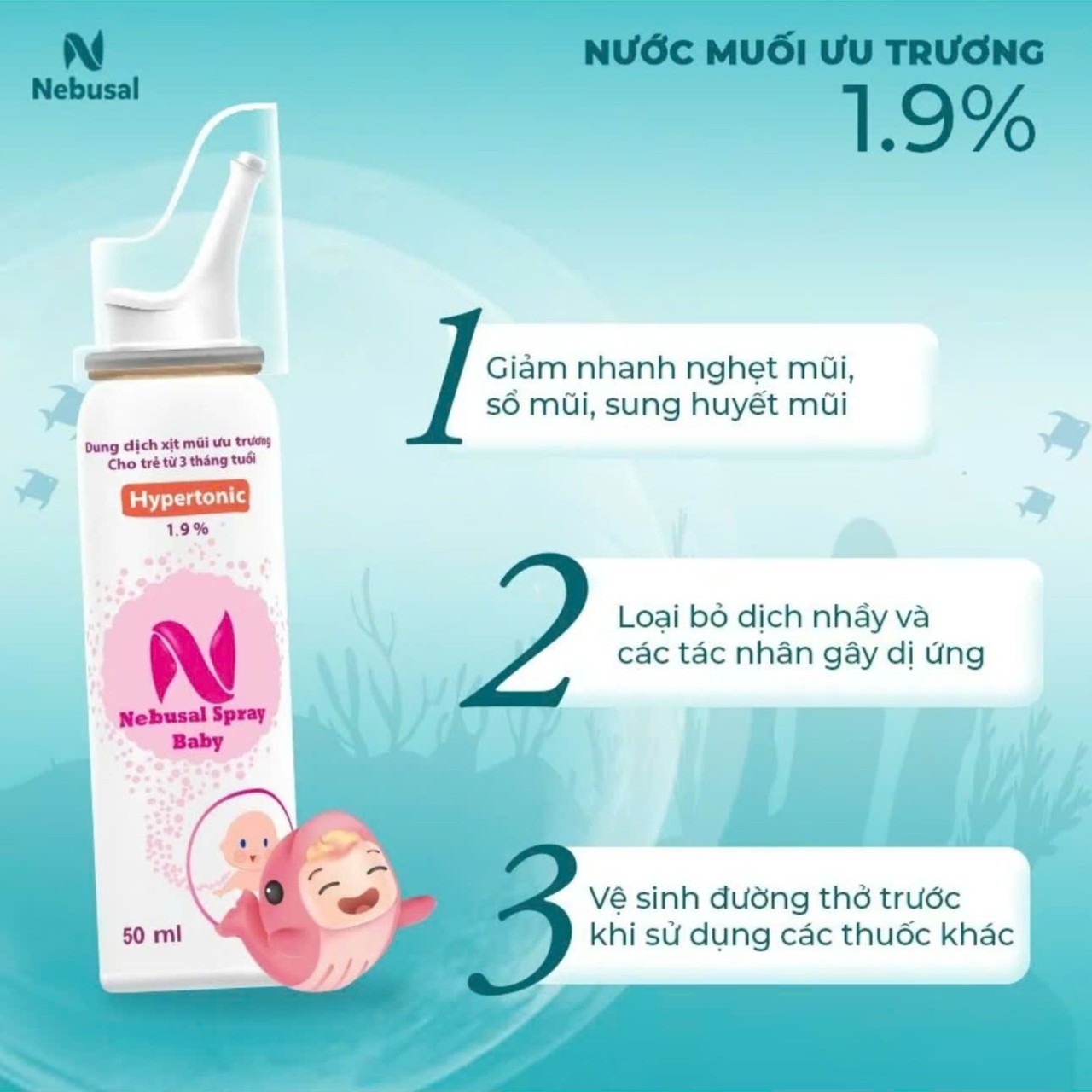 Xịt Mũi Nebusal Spray Baby 1.9% Bổ Sung Nước Muối Ưu Trương Hỗ Trợ Giảm Nghẹt Mũi, Sổ Mũi, Viêm Mũi Cho Bé (Lọ 50ml)