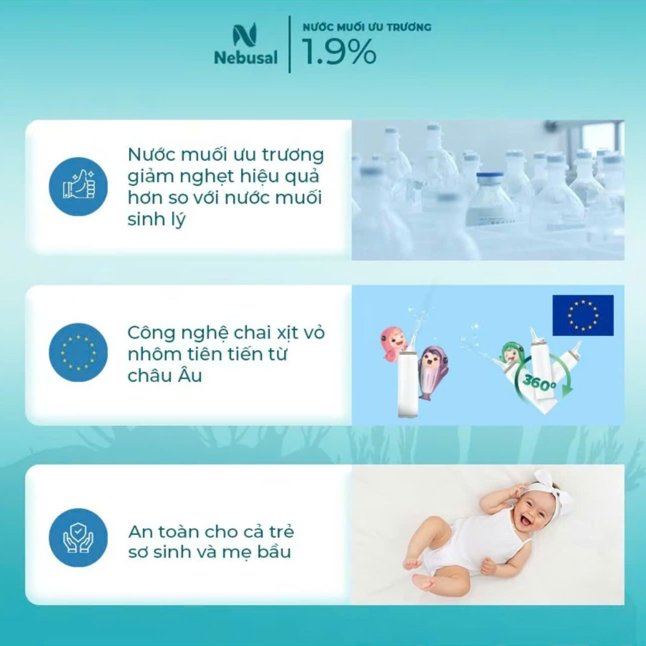 Xịt Mũi Nebusal Spray Baby 1.9% Bổ Sung Nước Muối Ưu Trương Hỗ Trợ Giảm Nghẹt Mũi, Sổ Mũi, Viêm Mũi Cho Bé (Lọ 50ml)
