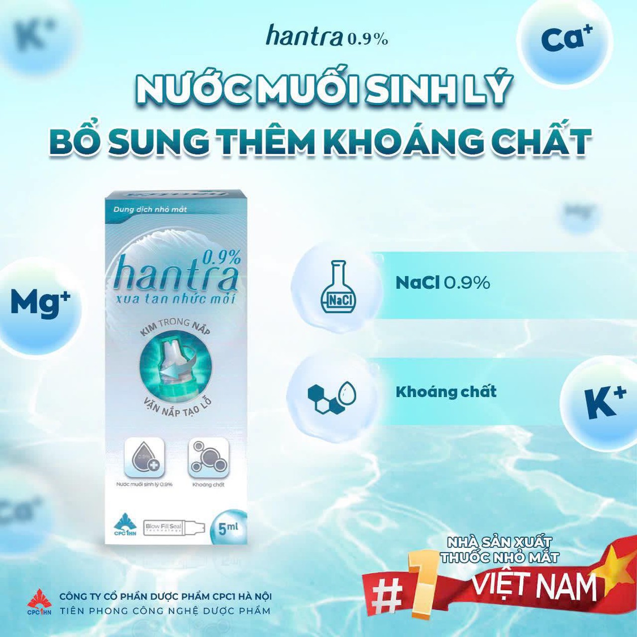 Dung dịch nhỏ mắt Hantra 0,9% - Hỗ trợ làm sạch, vệ sinh mắt mũi, rửa rốn cho bé (1 lốc 12 Hộp x Hộp 1 lọ 5ml)