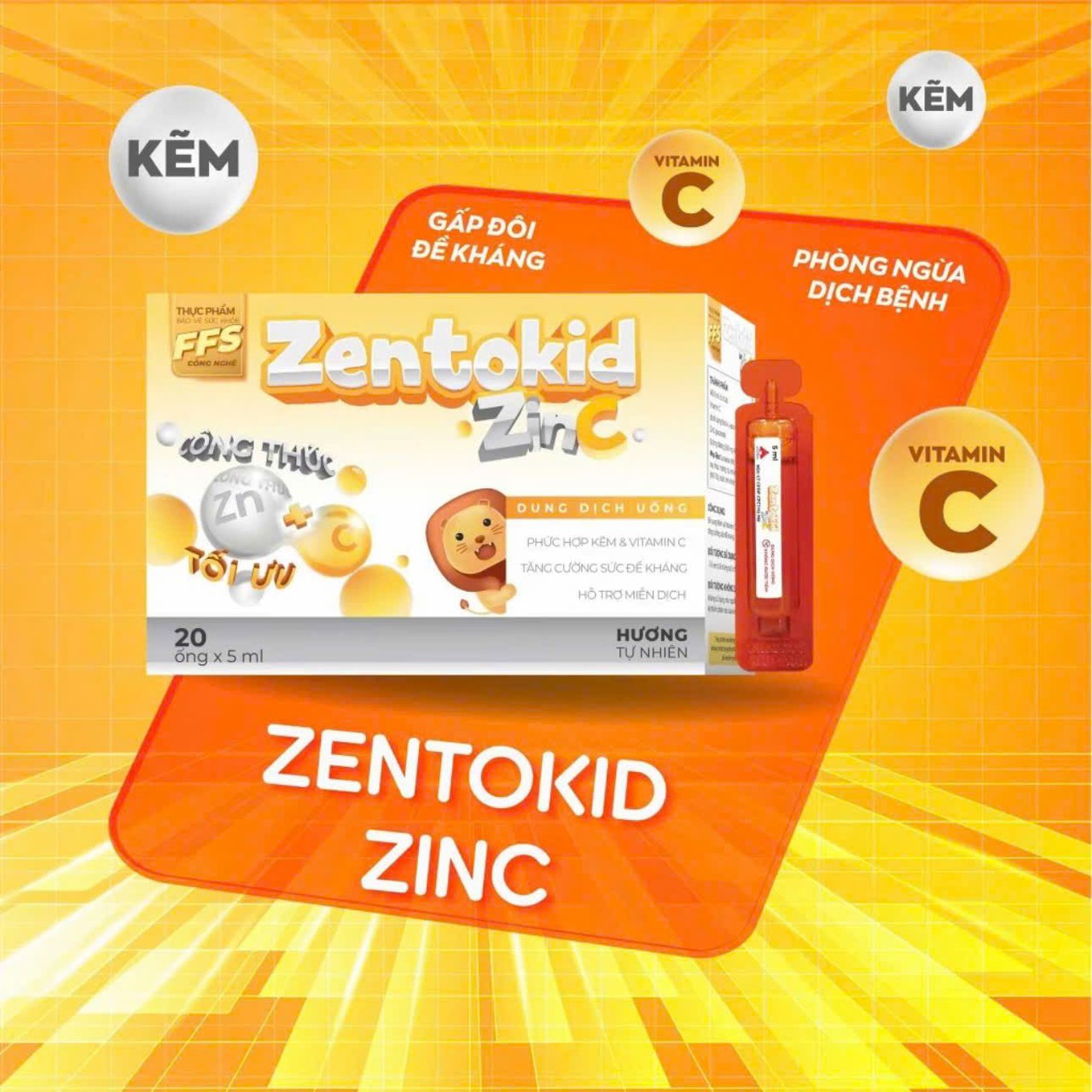Siro Tăng Đề Kháng Zentokid Zinc Bổ Sung Kẽm và Vitamin C Tự Nhiên Cho Bé (Hộp 20 ống)