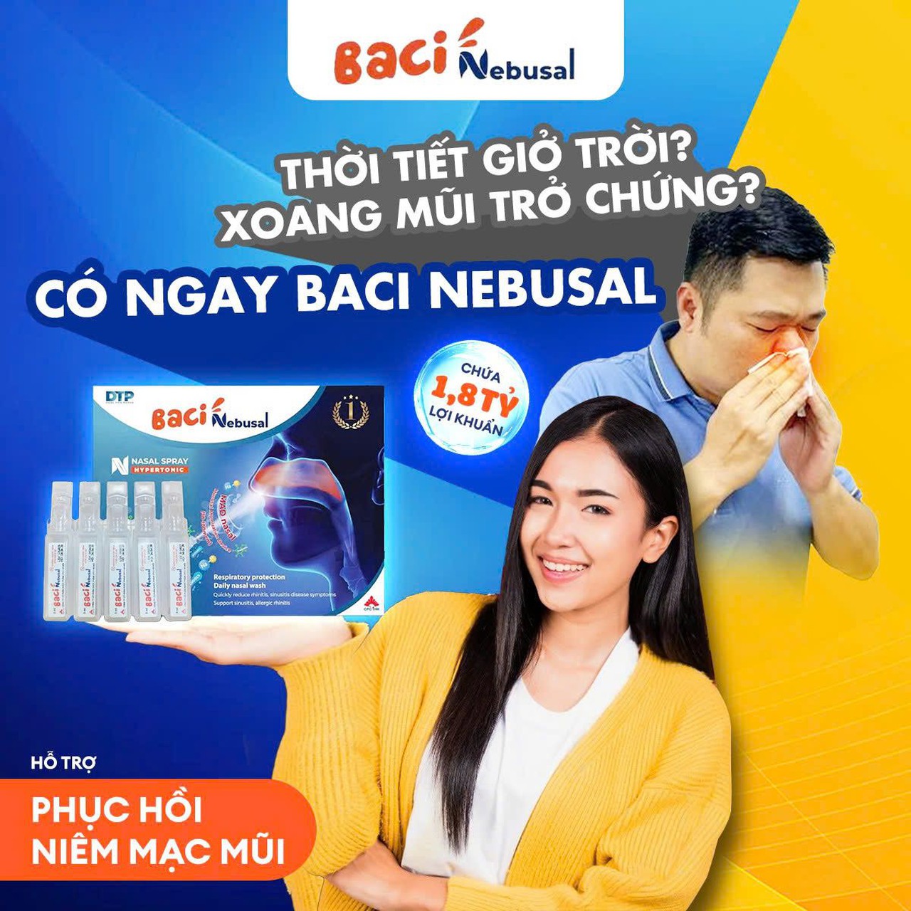 Xịt bào tử lợi khuẩn Baci Nebusal dành cho viêm xoang, viêm mũi dị ứng (Hộp 10 Ống 3 ml) - Cho Người Lớn