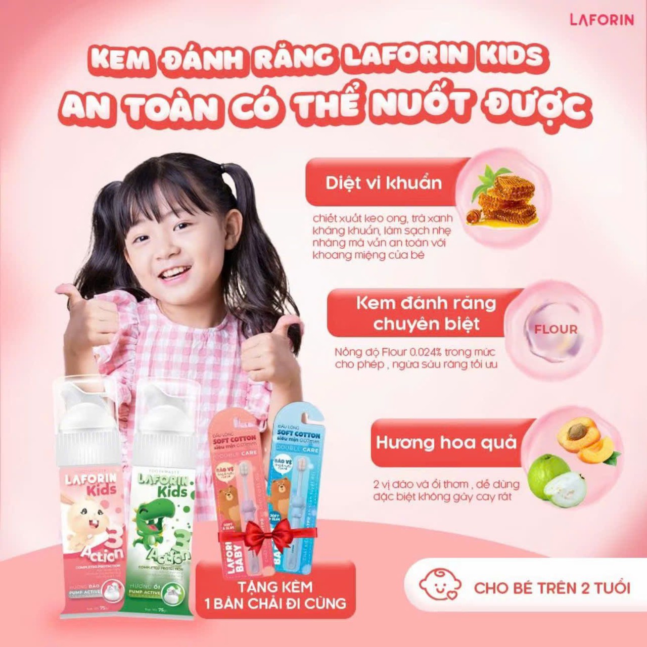 Kem Đánh Răng Laforin Kids Hương Đào, Ổi Cho Trẻ Giúp Ngăn Ngừa Sâu Răng, Giảm Hôi Miệng, Sưng Nướu (Tuýp 75g)