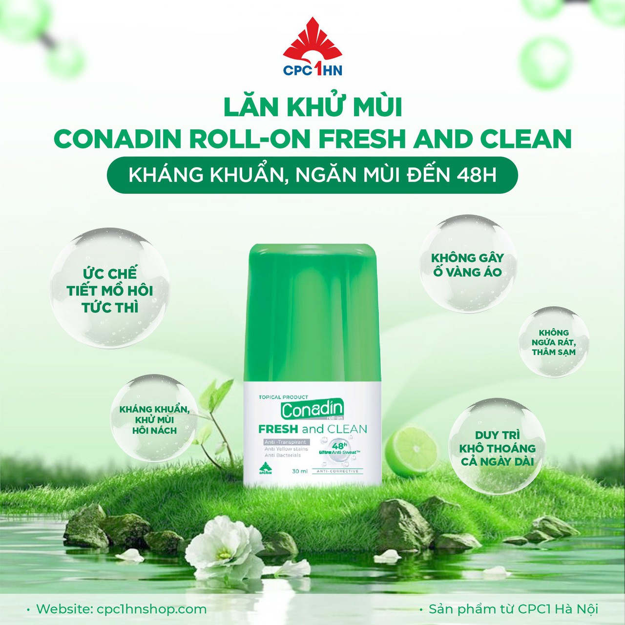 Lăn Khử Mùi Conadin roll-on Fresh and Clean Kháng Khuẩn, Ngăn Mùi đến 48h (Lọ 15ml, 30ml)