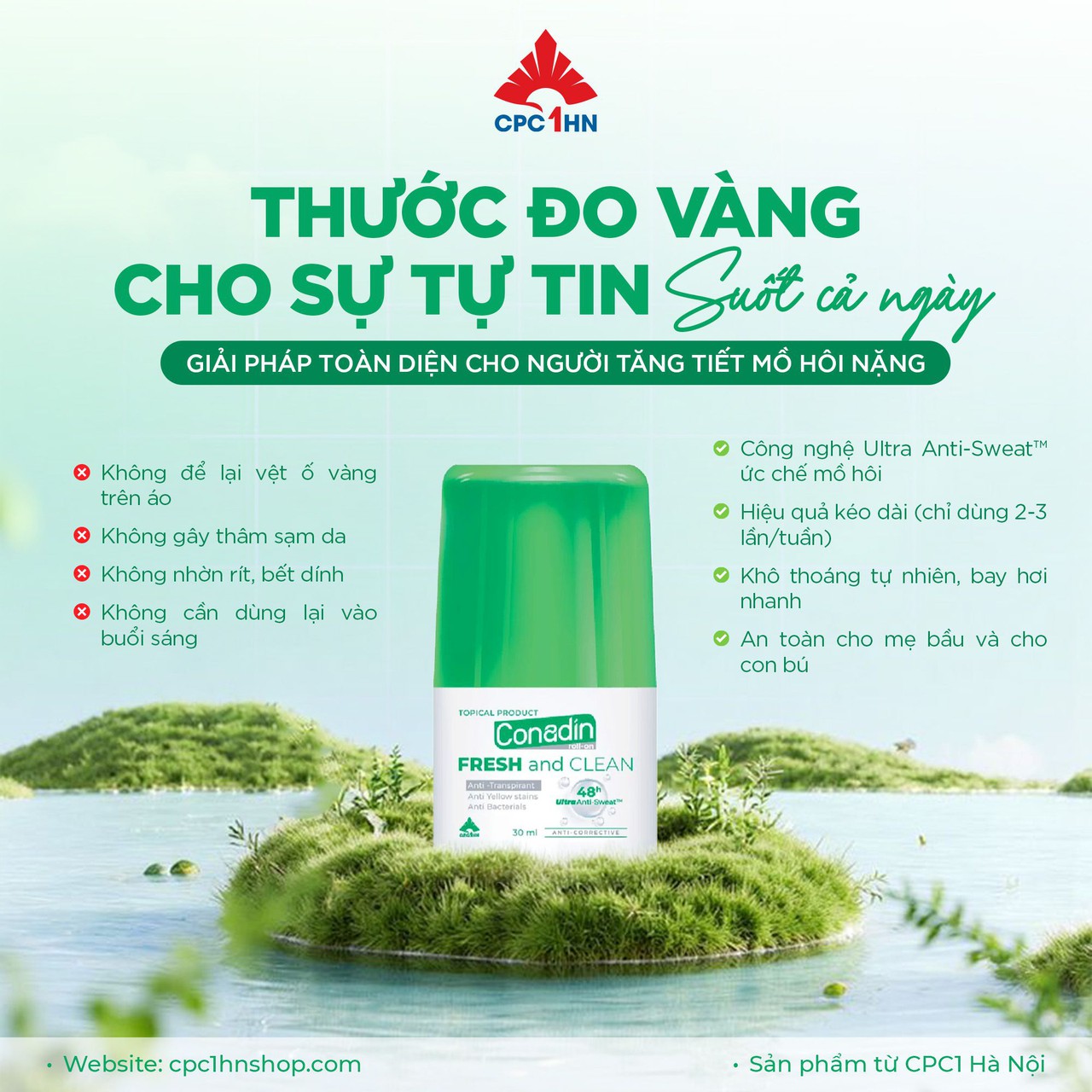 Lăn Khử Mùi Conadin roll-on Fresh and Clean Kháng Khuẩn, Ngăn Mùi đến 48h (Lọ 15ml, 30ml)