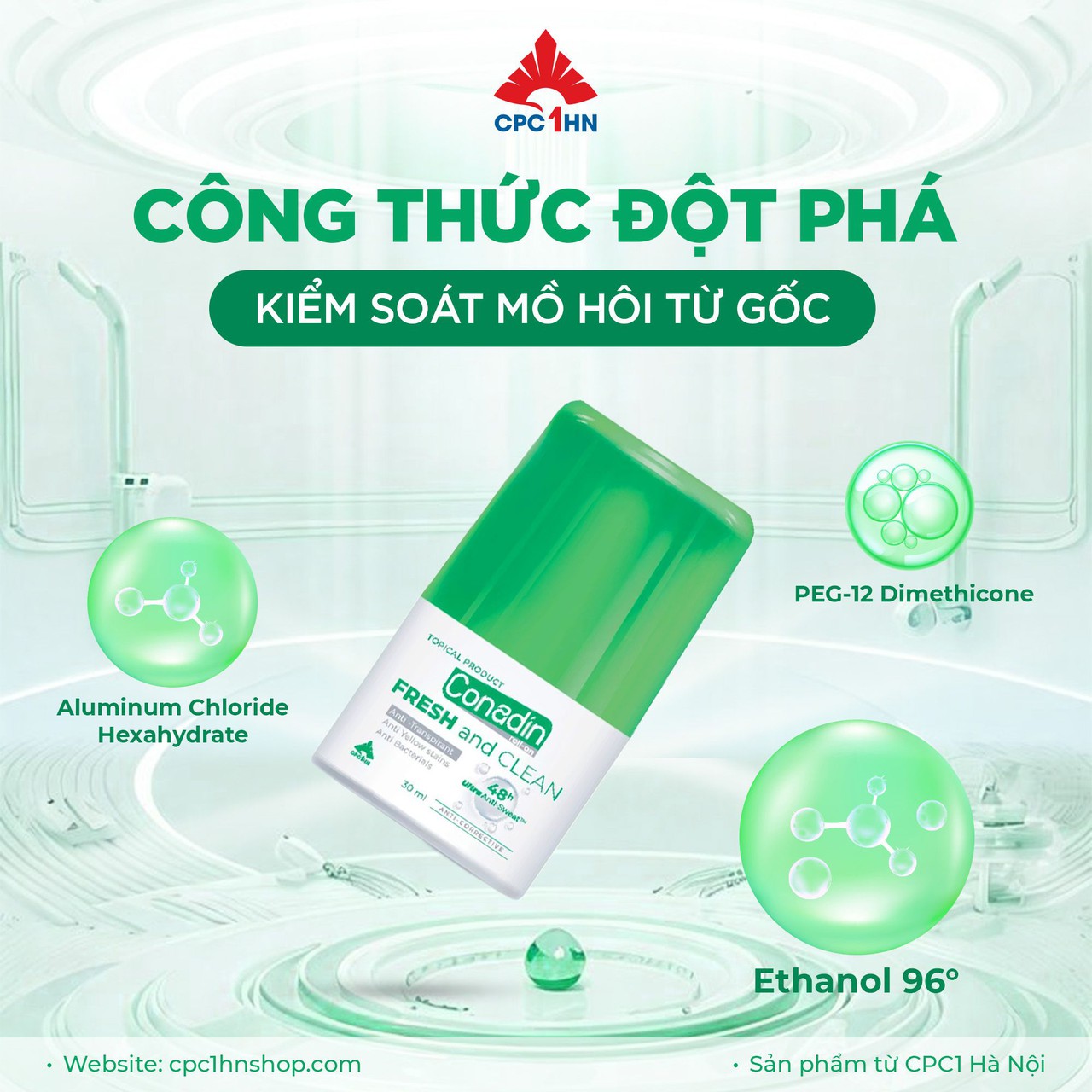 Lăn Khử Mùi Conadin roll-on Fresh and Clean Kháng Khuẩn, Ngăn Mùi đến 48h (Lọ 15ml, 30ml)