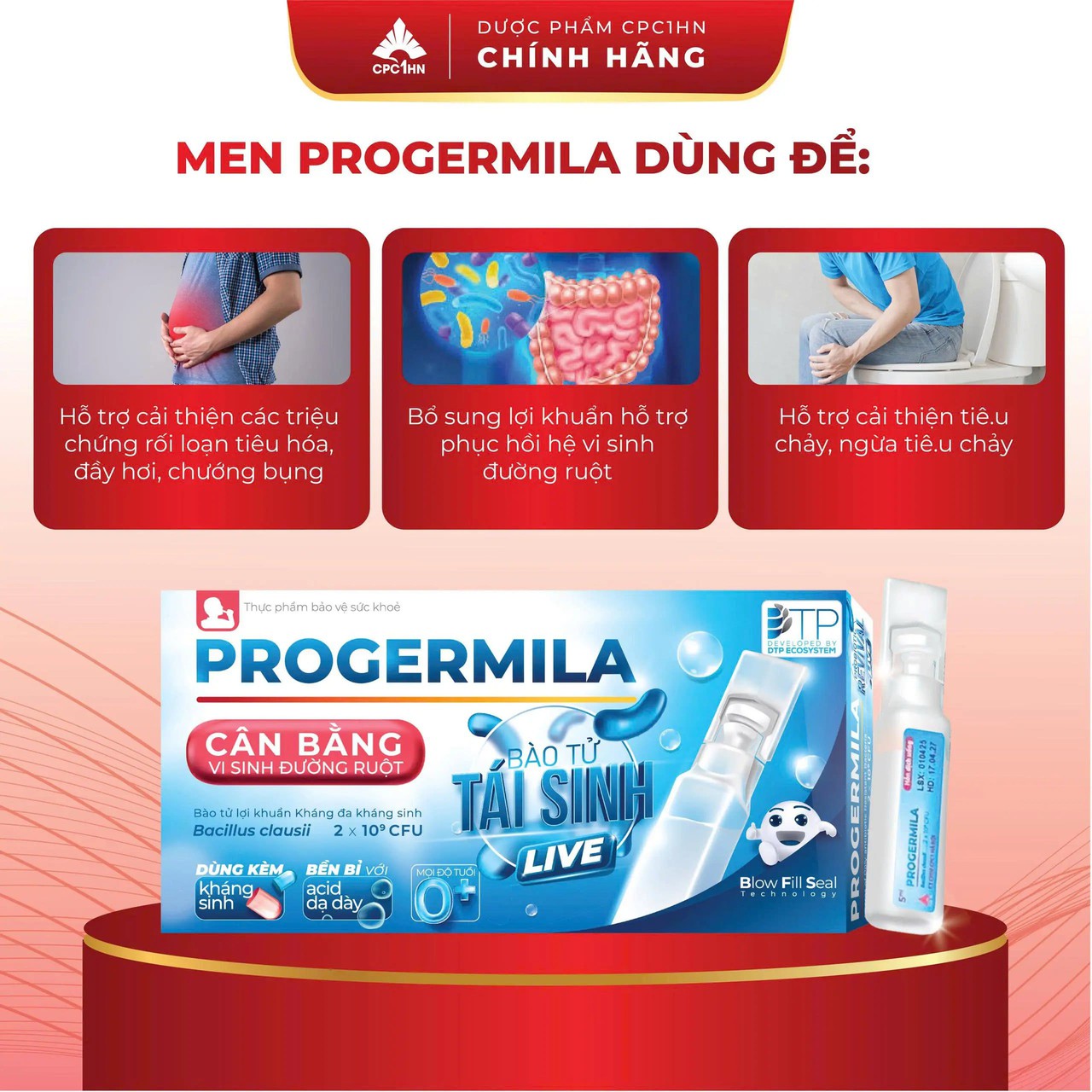 Men dùng cho tiêu chảy, đầy hơi, chướng bụng Progermila - 2 tỷ bào tử lợi khuẩn (Hộp 10 ống)