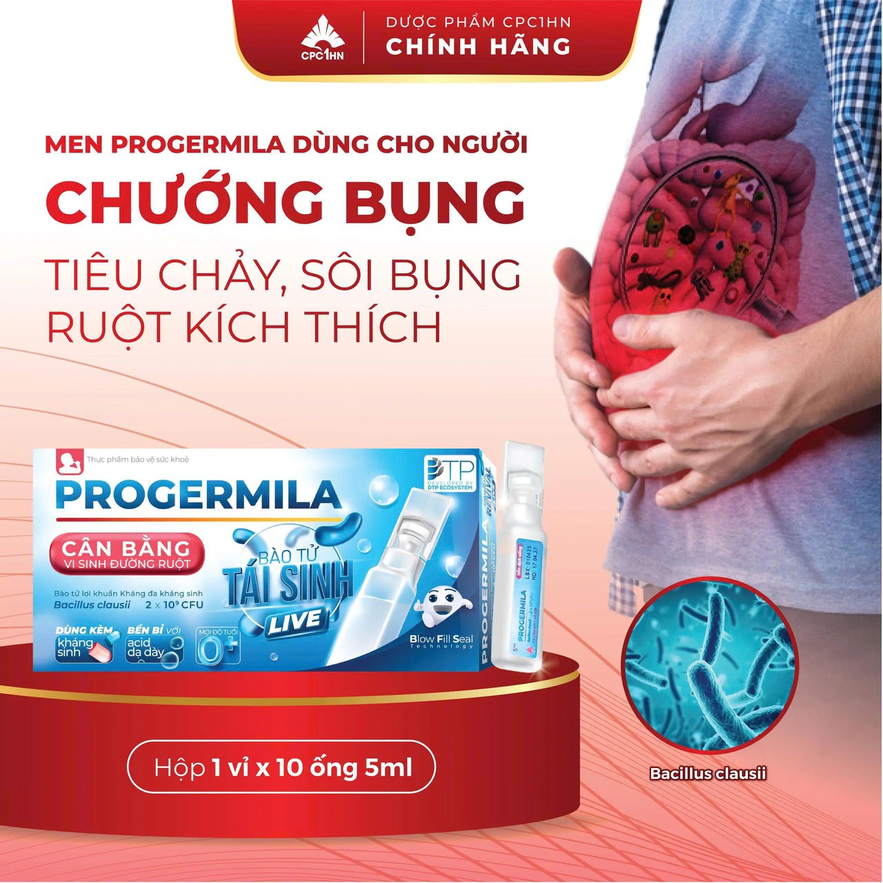 Men dùng cho tiêu chảy, đầy hơi, chướng bụng Progermila - 2 tỷ bào tử lợi khuẩn (Hộp 10 ống)