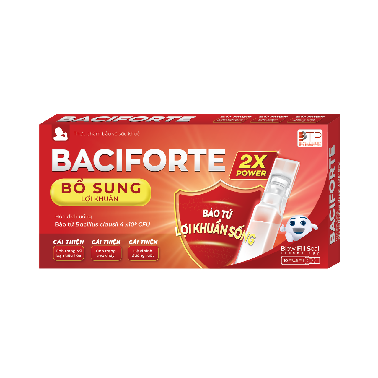 Men Vi Sinh Baciforte - Hỗ Trợ Hệ Tiêu Hóa, Tăng Cường Hấp Thu & Giảm Đau Bụng, Chướng Bụng [Hộp 10 Ống Men 4 Tỷ Bào Tử Bacillus Clausii]