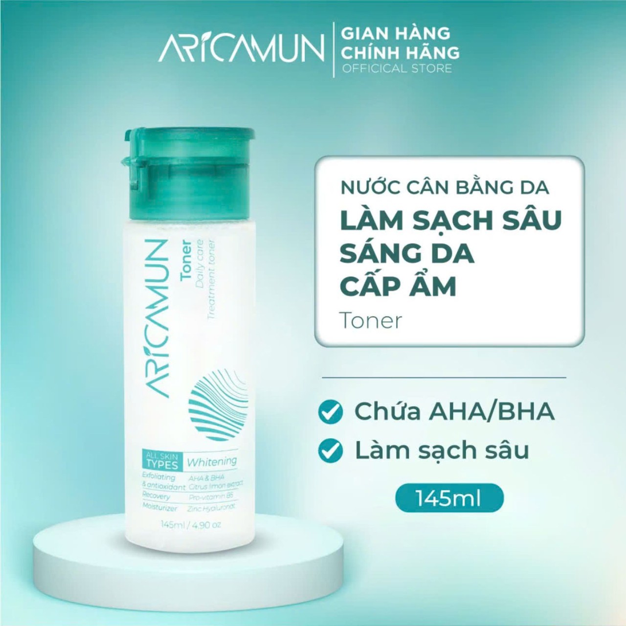 Toner Acid Aricamun AHA/BHA Giảm Mụn Đầu Đen, Lỗ Chân Lông To, Cân Bằng pH Da (Chai 145ml)