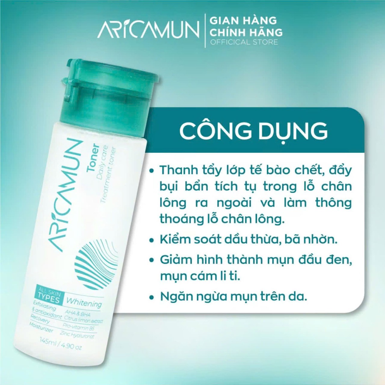 Toner Acid Aricamun AHA/BHA Giảm Mụn Đầu Đen, Lỗ Chân Lông To, Cân Bằng pH Da (Chai 145ml)