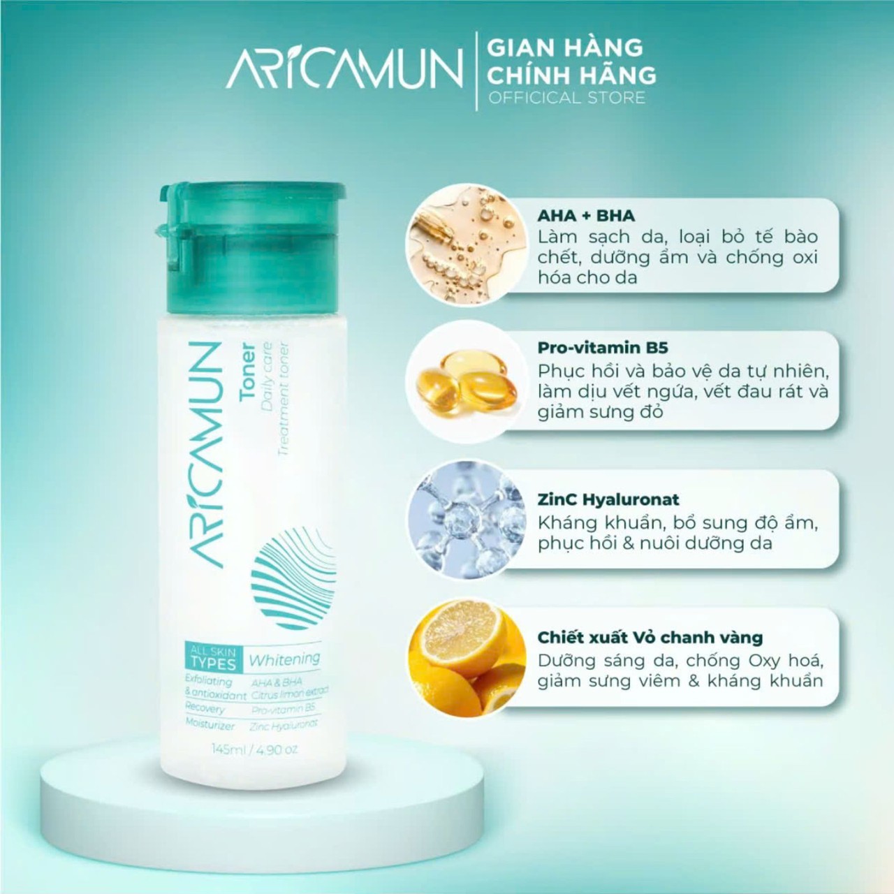 Toner Acid Aricamun AHA/BHA Giảm Mụn Đầu Đen, Lỗ Chân Lông To, Cân Bằng pH Da (Chai 145ml)