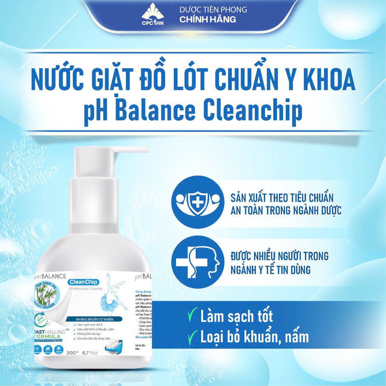 Nước giặt đồ lót pH Balance Clean Chip làm sạch mọi vết ố, hạn chế nấm khuẩn, an toàn cho da (Chai 80ml, 200ml)