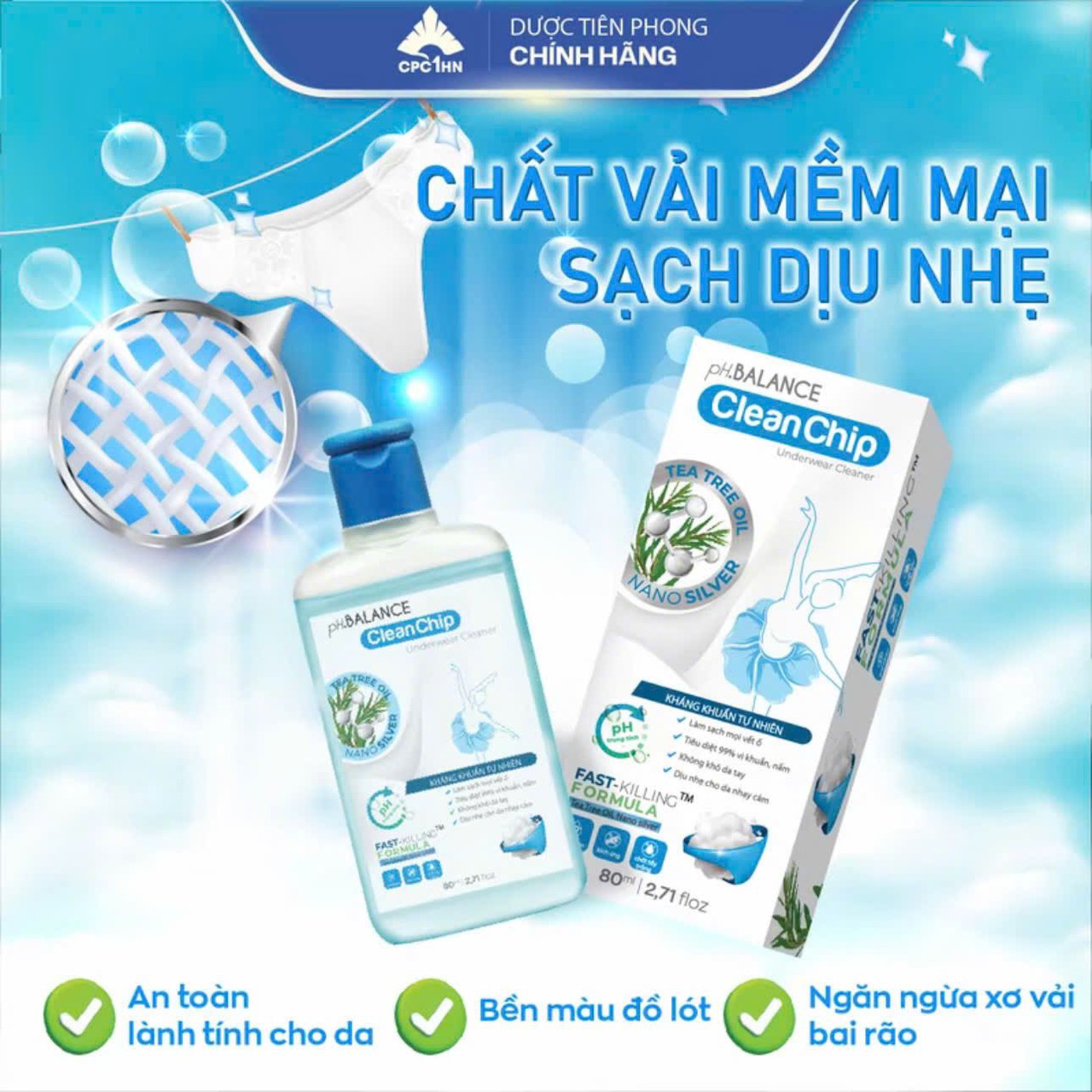 pH Balance Clean Chip làm sạch mọi vết ố, hạn chế nấm khuẩn, an toàn cho da (Chai 80ml)