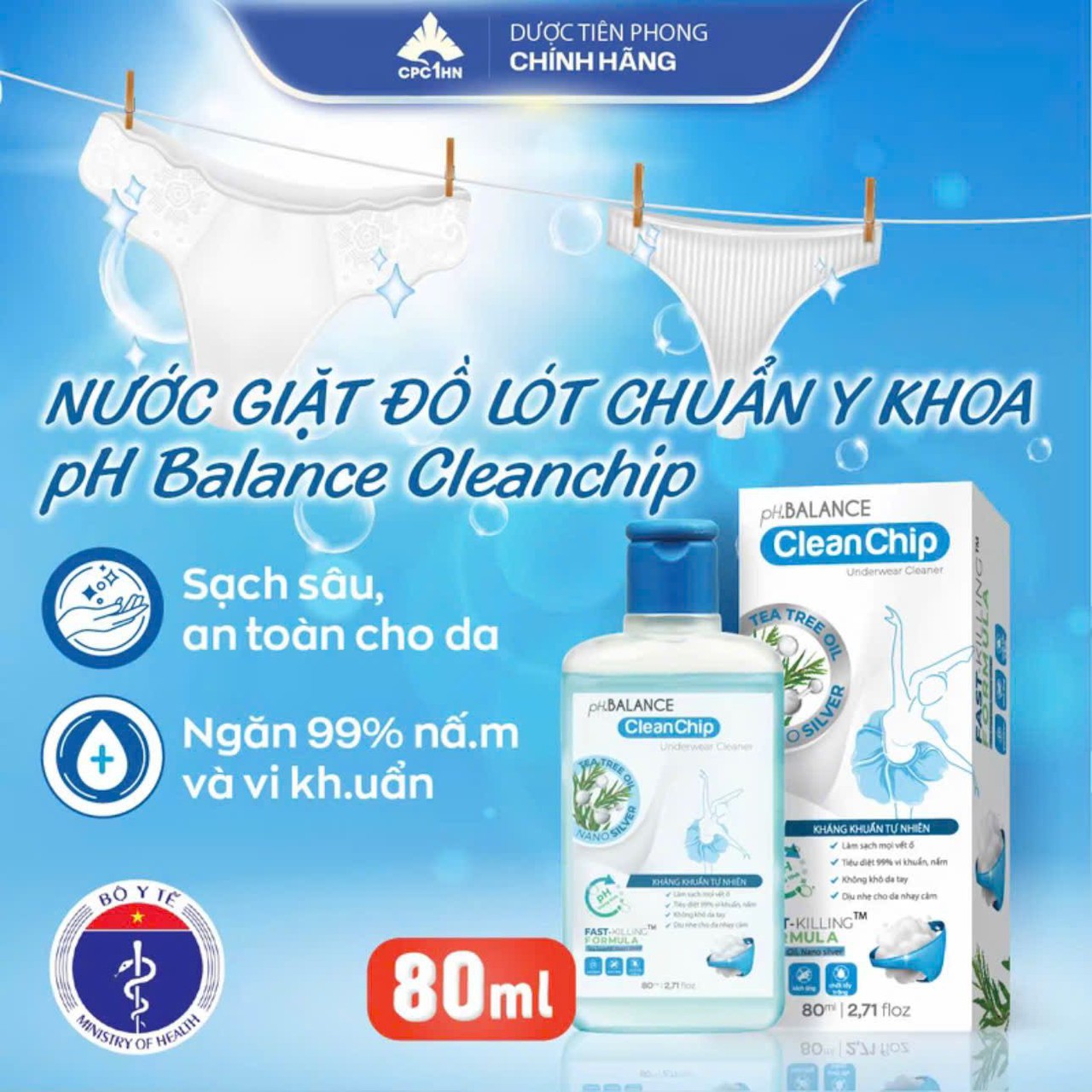 pH Balance Clean Chip làm sạch mọi vết ố, hạn chế nấm khuẩn, an toàn cho da (Chai 80ml)