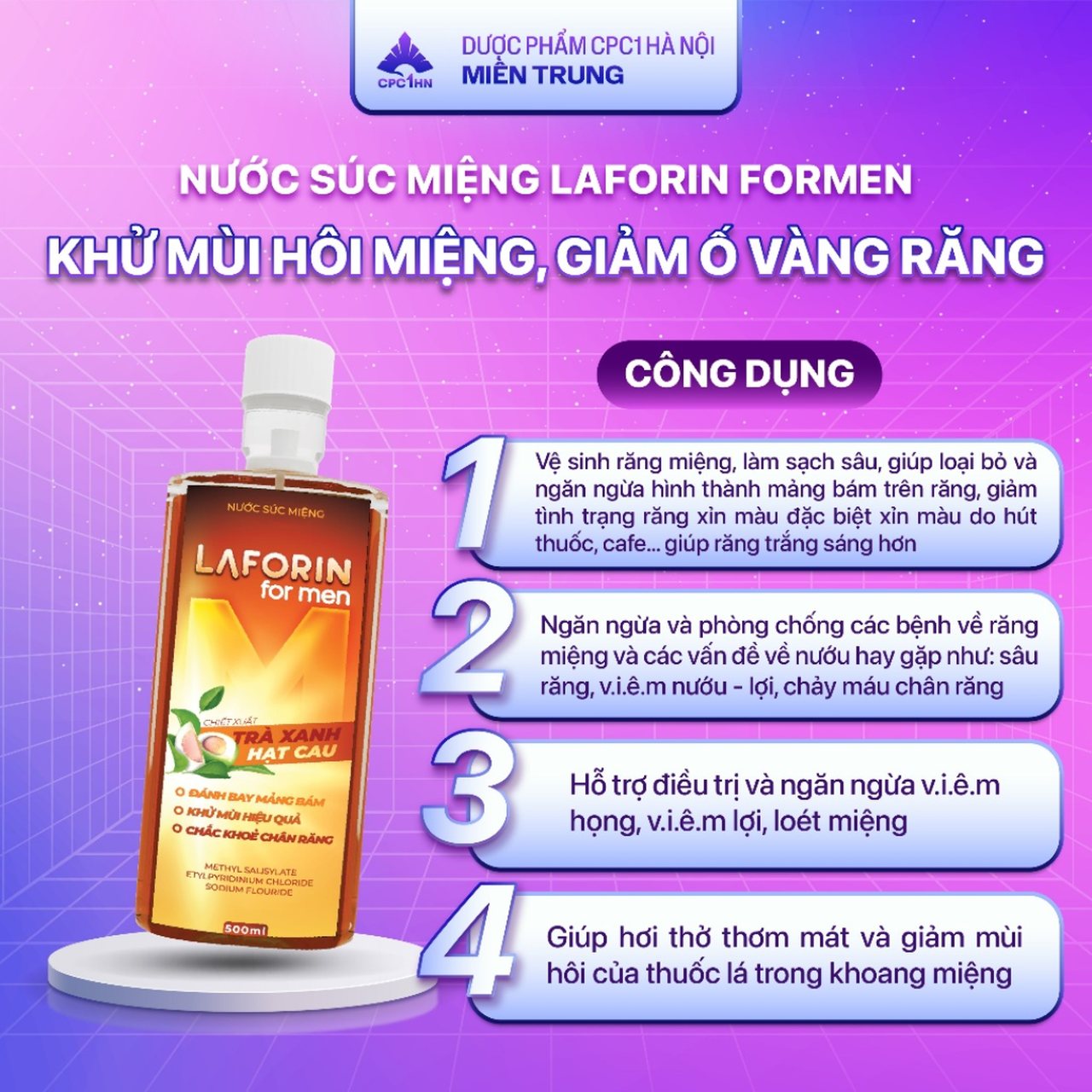 Nước Súc Miệng Laforin Formen Trắng Răng, Thơm Miệng, Sạch Mảng Bám (Chai 500ml)