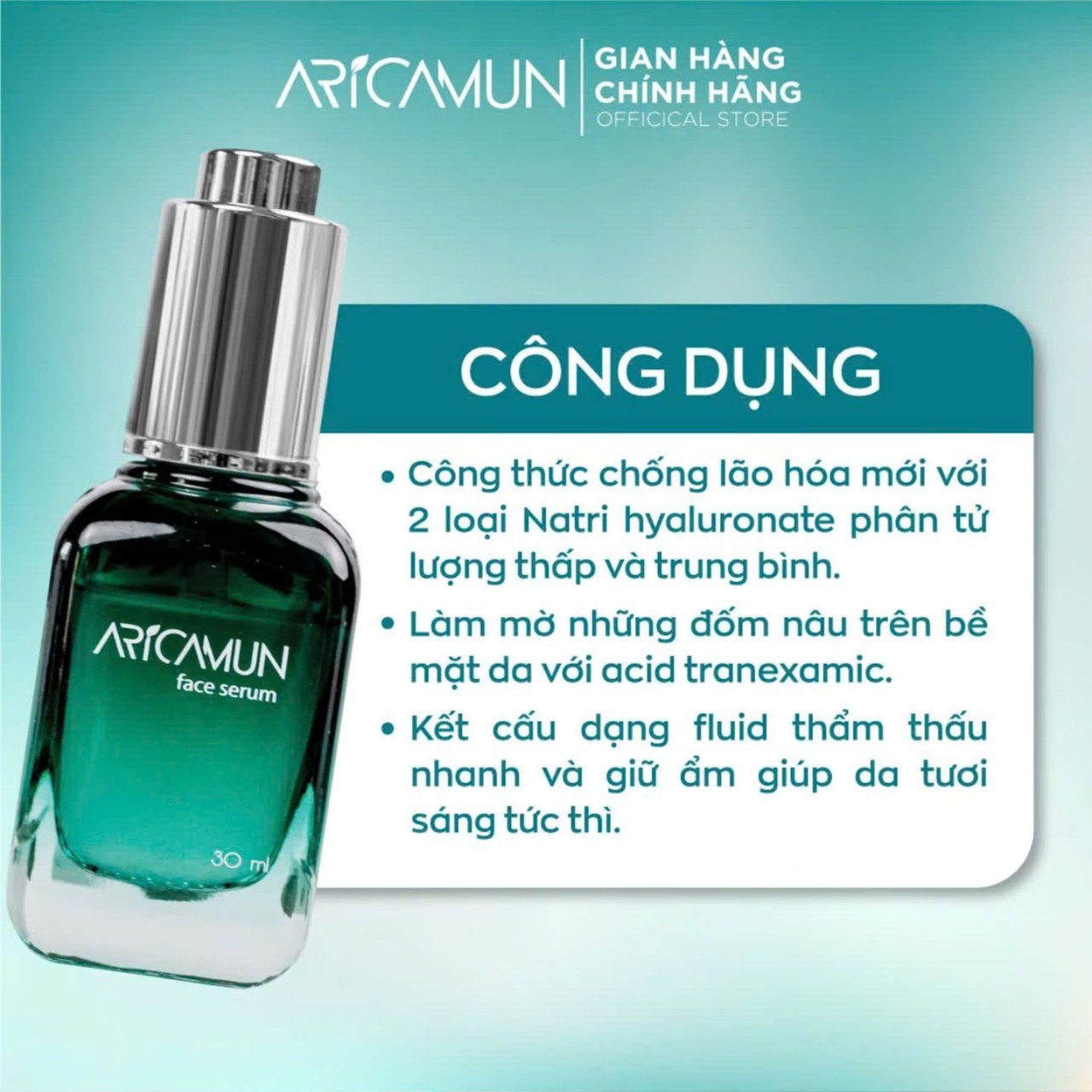Tinh Chất Dưỡng Da Aricamun Face Serum HA 1.5% Cấp Ấm, Phục Hồi Và Làm Mờ Thâm Nám (30ml)