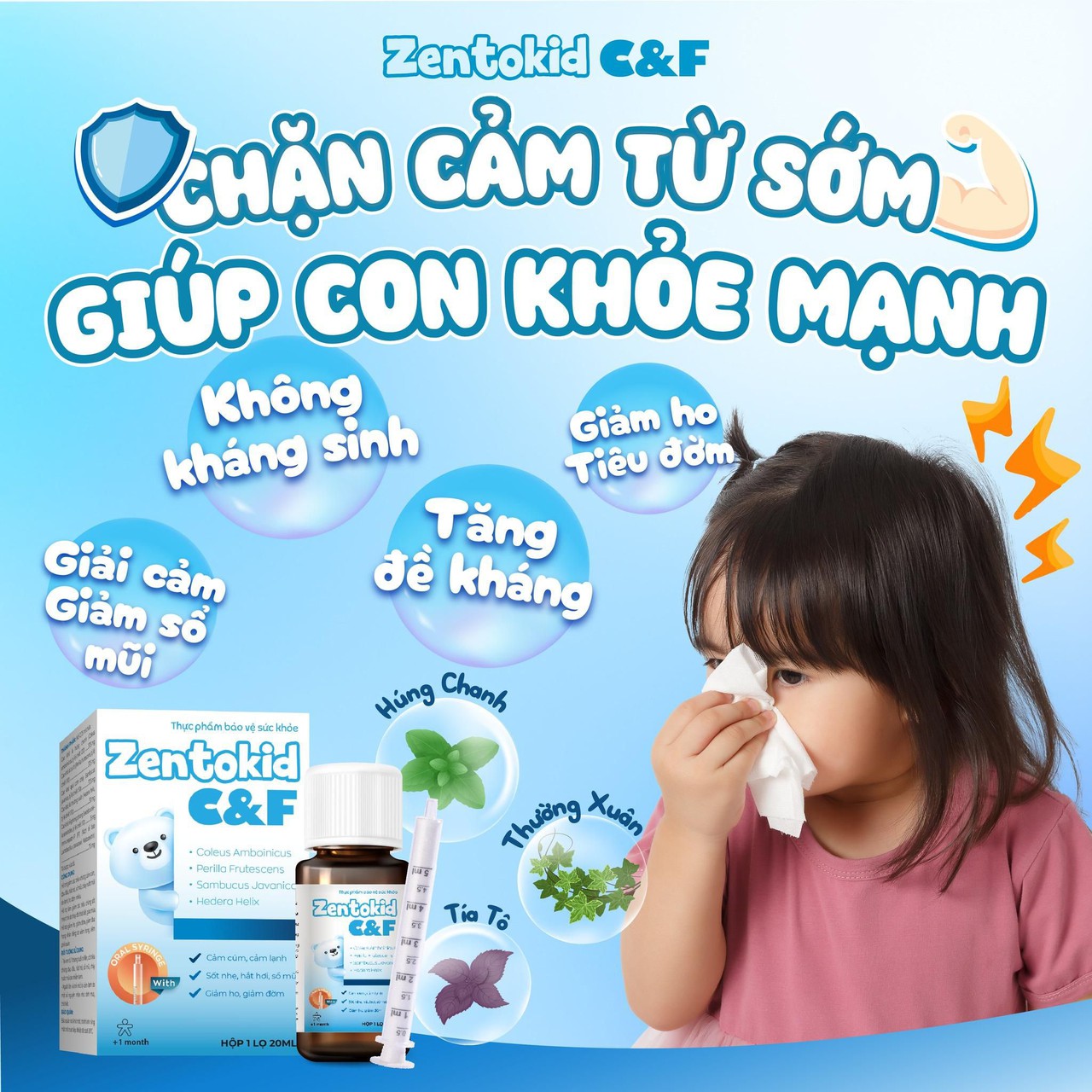 Siro Ho Cảm Zentokid C&F hỗ trợ giảm ho khan, ho đờm, sổ mũi, hắt hơi, đau họng, cảm cúm và tăng sức đề kháng cho trẻ nhỏ.