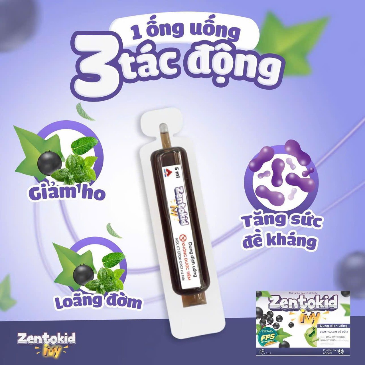Siro Zentokid Ivy Giảm Ho Có Đờm, Khàn Tiếng Khi Cảm Lạnh Cho Bé Thành Phần Húng Chanh, Cao Lá Thường Xuân (Hộp 20 Ống)