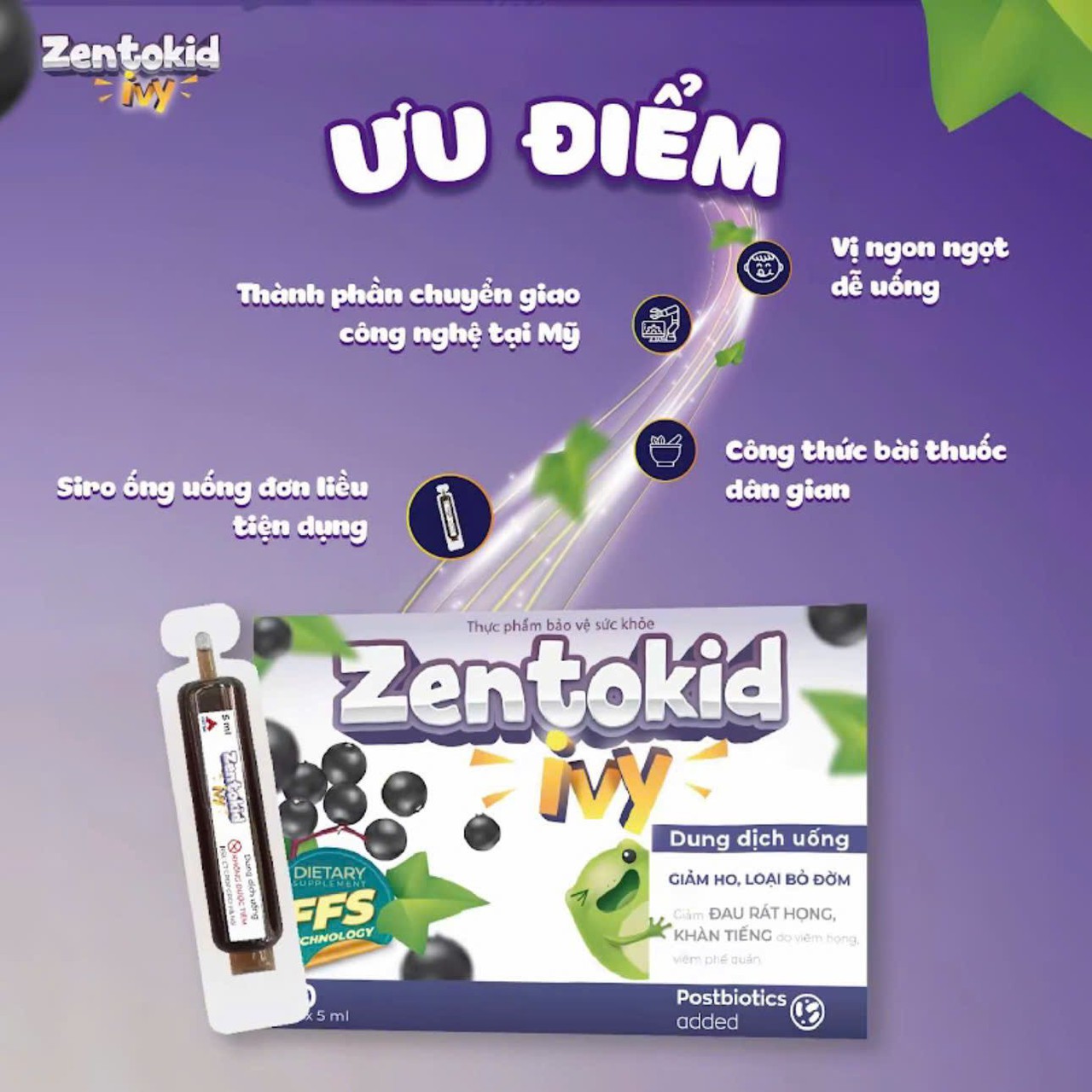 Siro Zentokid Ivy Giảm Ho Có Đờm, Khàn Tiếng Khi Cảm Lạnh Cho Bé Thành Phần Húng Chanh, Cao Lá Thường Xuân (Hộp 20 Ống)