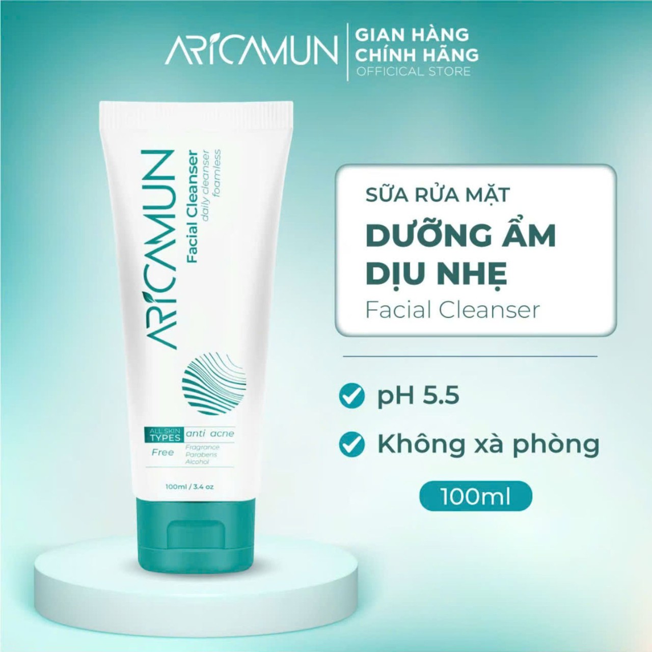 Sữa Rửa Mặt Aricamun Facial Cleanser Dịu Nhẹ, Không Bọt, Ph 5.5 Phù Hợp Cho Mọi Loại Da (100ml)