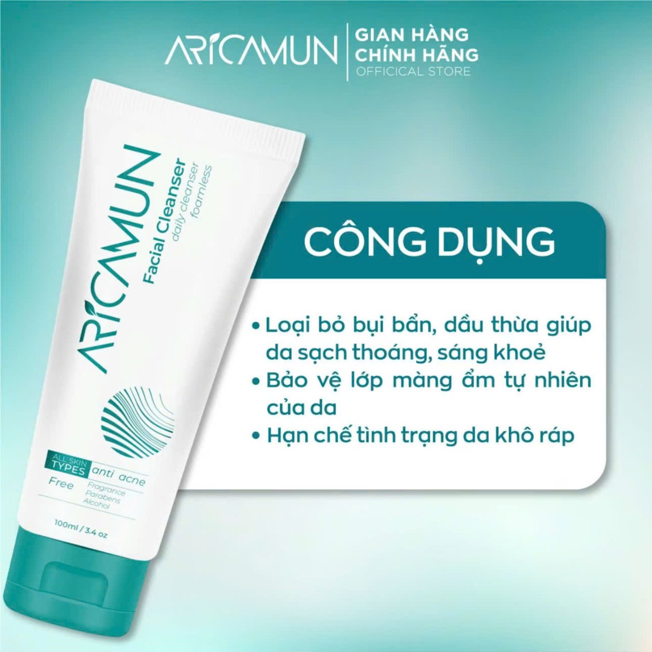 Sữa Rửa Mặt Aricamun Facial Cleanser Dịu Nhẹ, Không Bọt, Ph 5.5 Phù Hợp Cho Mọi Loại Da (100ml)