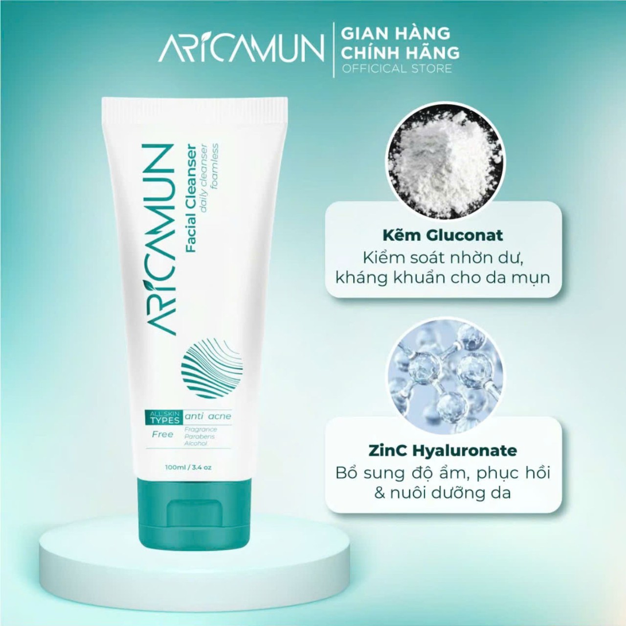 Sữa Rửa Mặt Aricamun Facial Cleanser Dịu Nhẹ, Không Bọt, Ph 5.5 Phù Hợp Cho Mọi Loại Da (100ml)