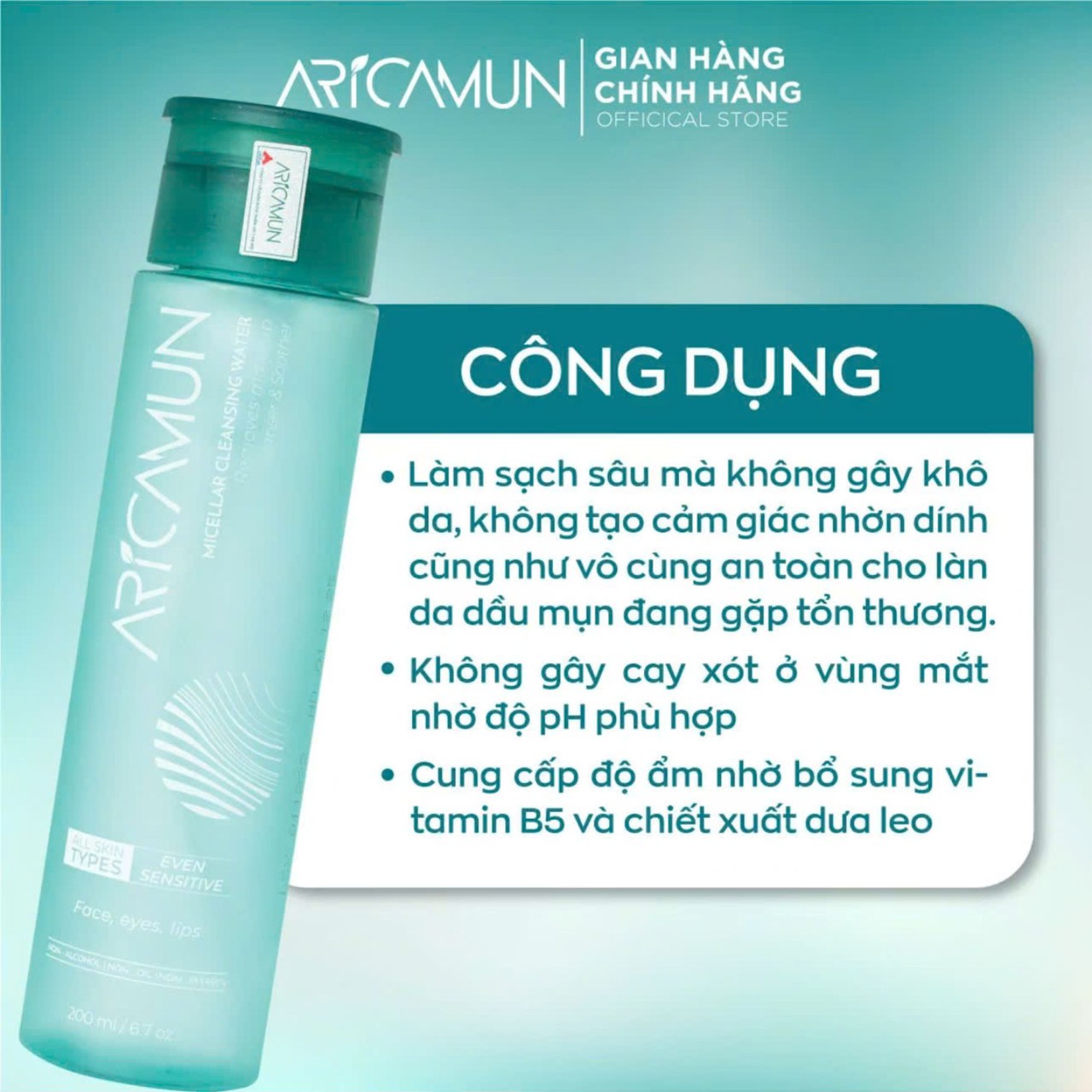 Tẩy Trang Aricamun Micellar Cleansing Water Không Cồn, Dưỡng Ẩm, Sạch Sâu Cho Mọi Loại Da (Chai 200ml)