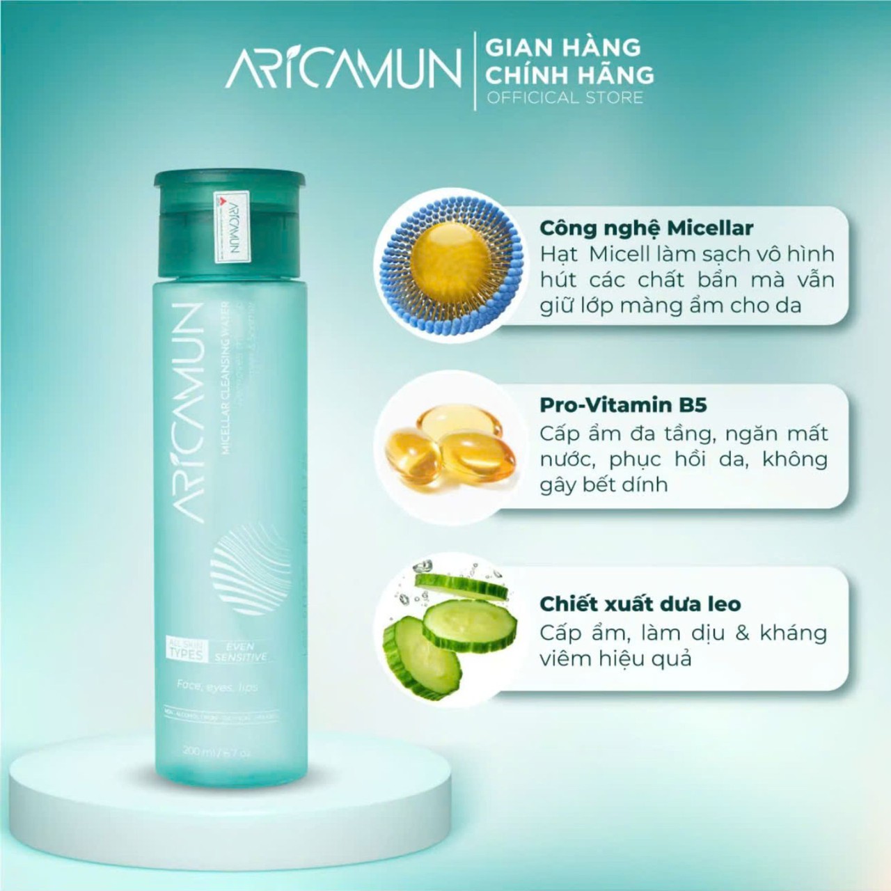 Tẩy Trang Aricamun Micellar Cleansing Water Không Cồn, Dưỡng Ẩm, Sạch Sâu Cho Mọi Loại Da (Chai 200ml)
