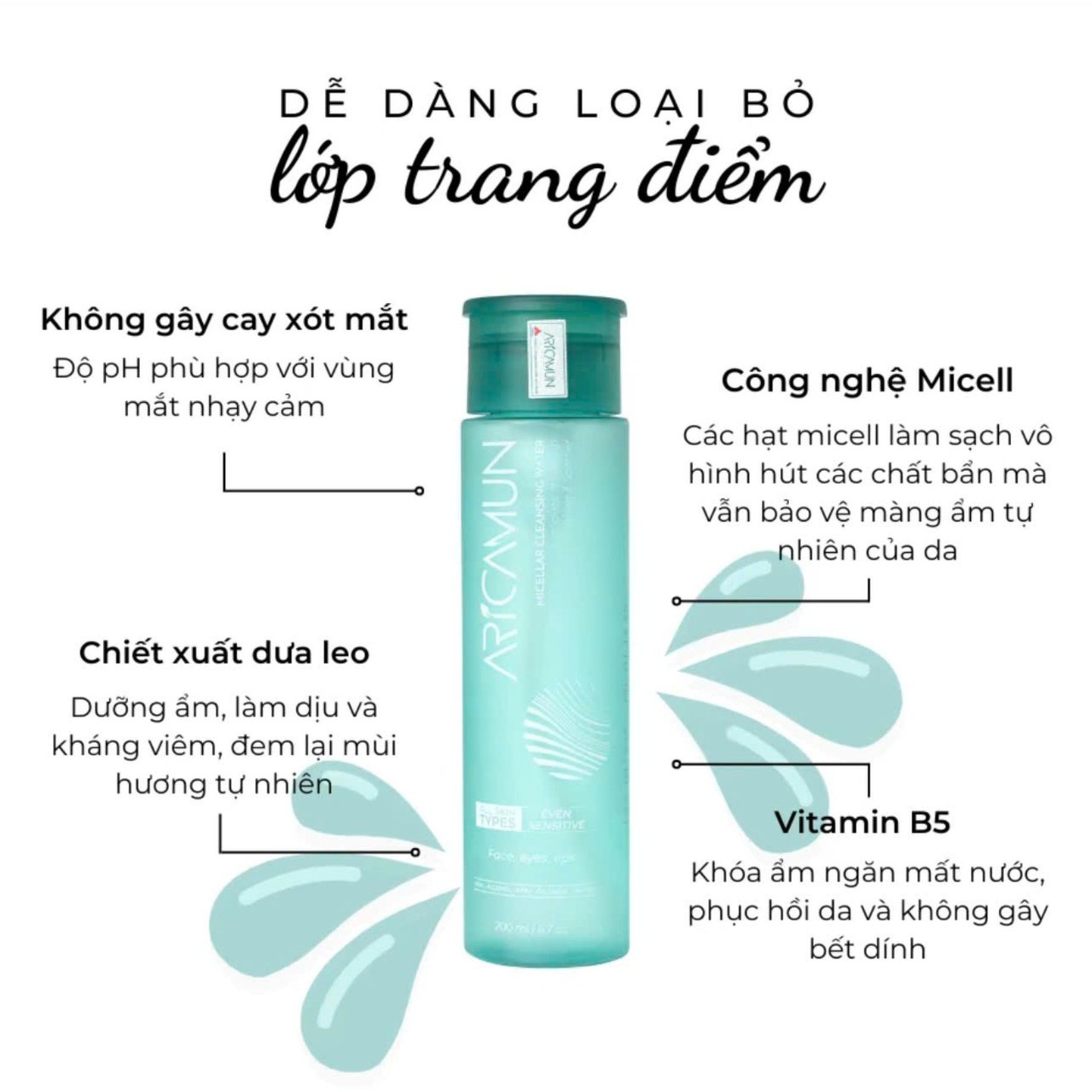Tẩy Trang Aricamun Micellar Cleansing Water Không Cồn, Dưỡng Ẩm, Sạch Sâu Cho Mọi Loại Da (Chai 200ml)