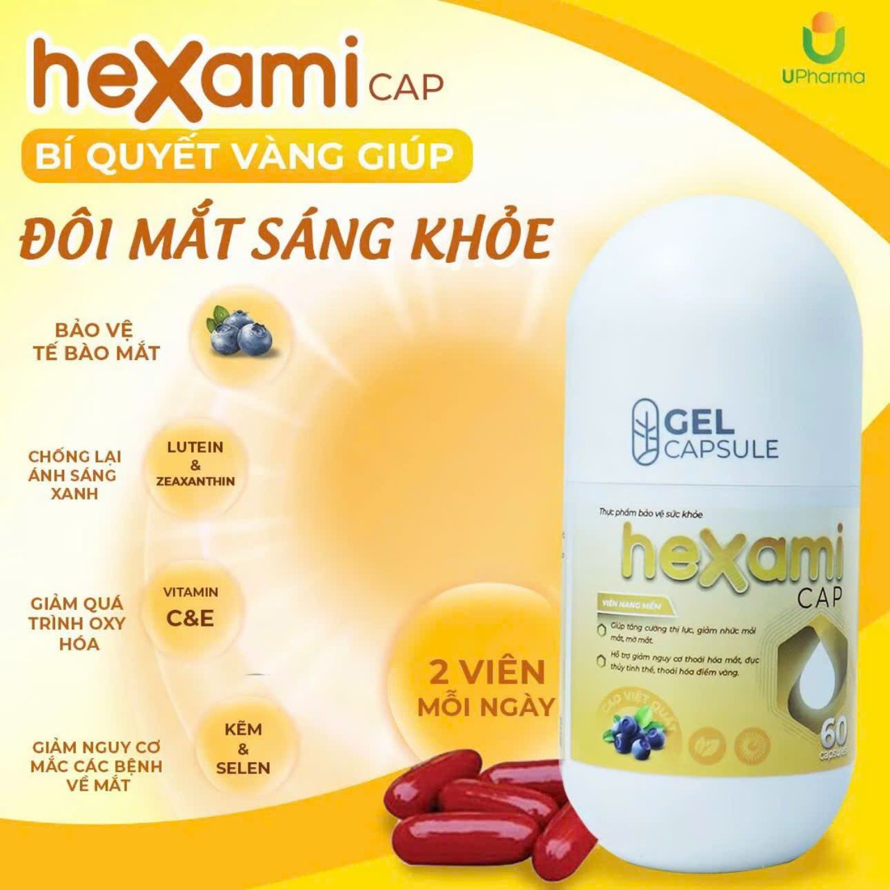 Viên uống Hexami Cap Hỗ Trợ Tăng Cường Thị Lực, Giảm Mờ, Nhức Mỏi Mắt (Lọ 30, 60 Viên)