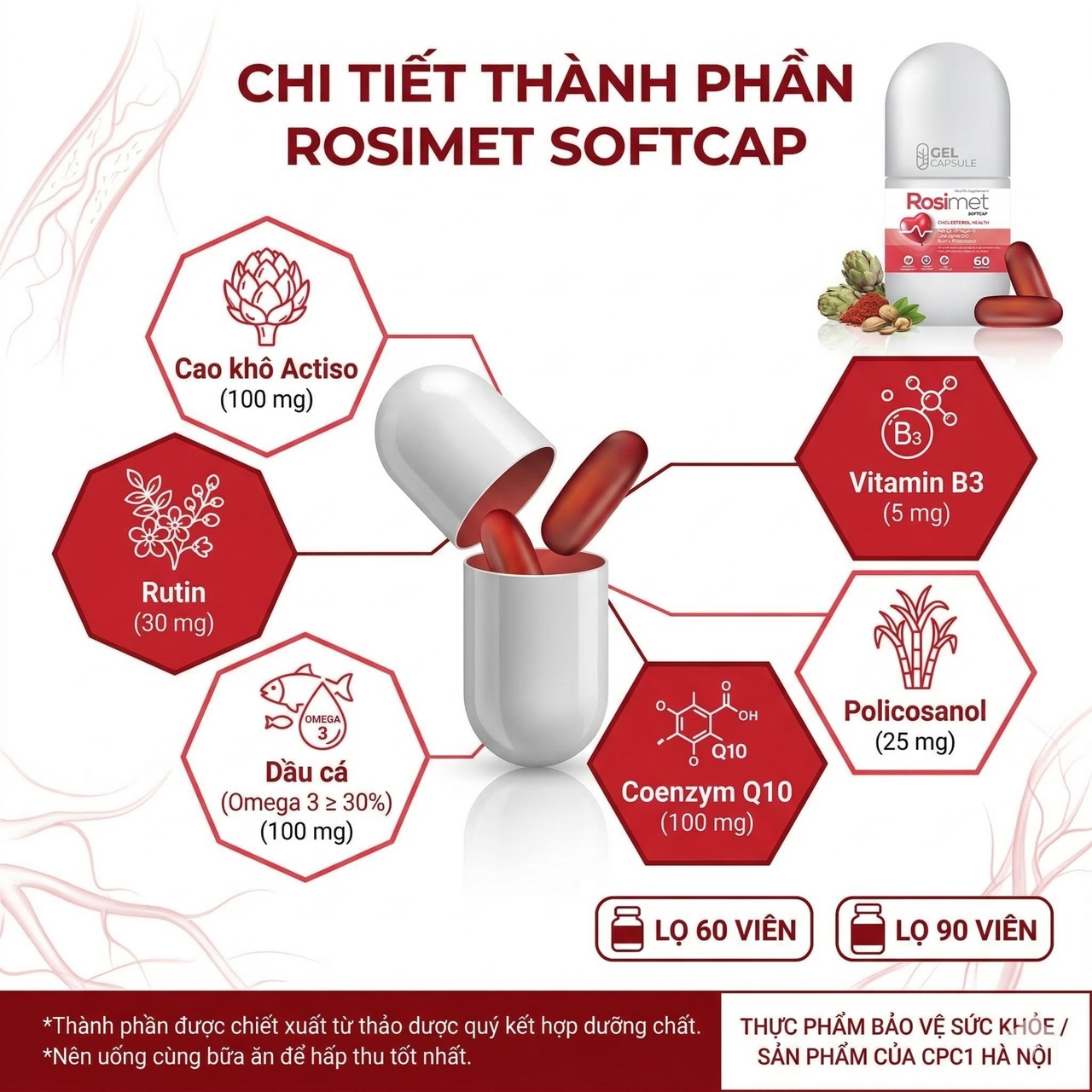 Viên Uống Rosimet Softcap Hỗ Trợ Giảm Mỡ Máu, Cải Thiện Đường Huyết, Tuần Hoàn Máu (Lọ 60 viên, 90 viên)
