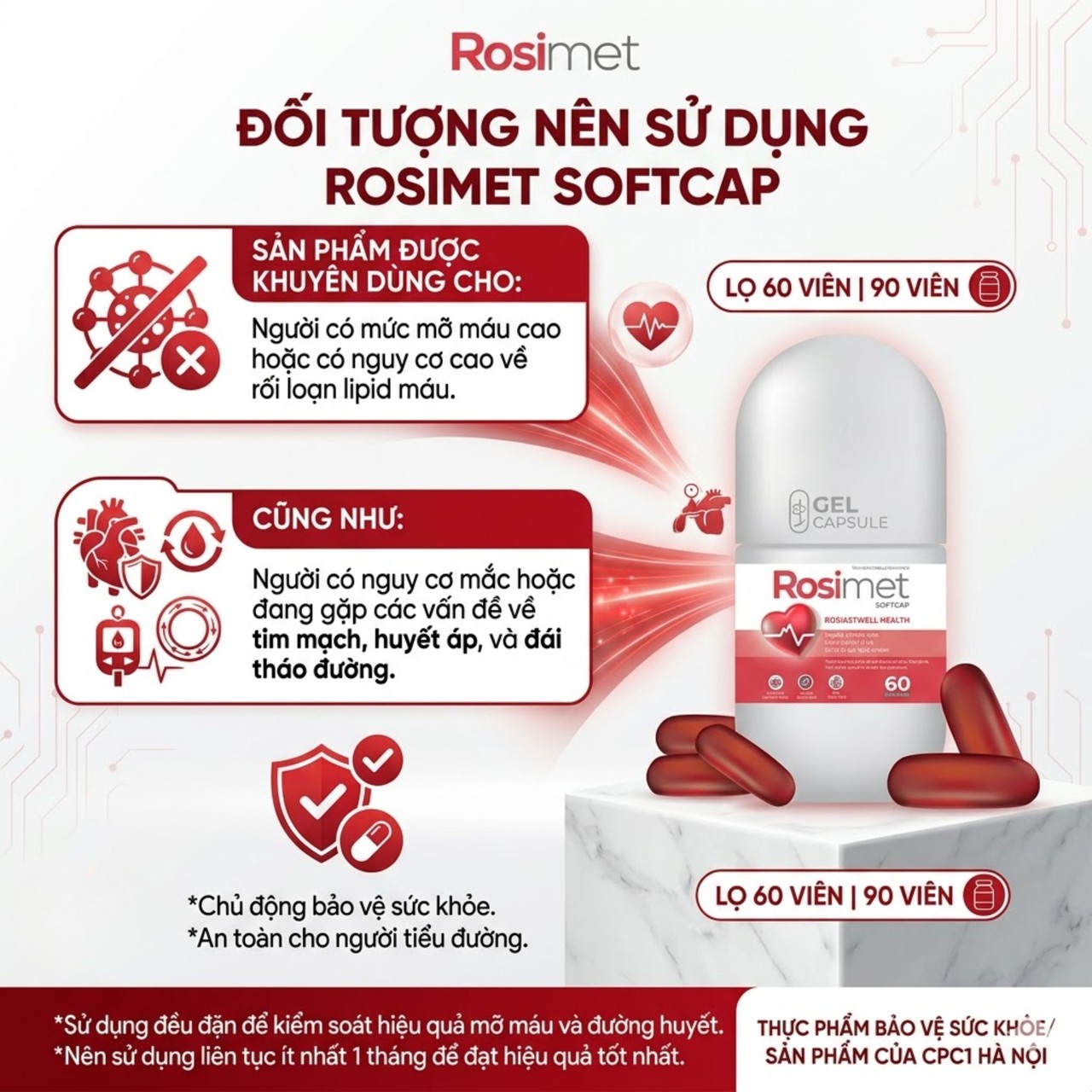 Viên Uống Rosimet Softcap Hỗ Trợ Giảm Mỡ Máu, Cải Thiện Đường Huyết, Tuần Hoàn Máu (Lọ 60 viên, 90 viên)