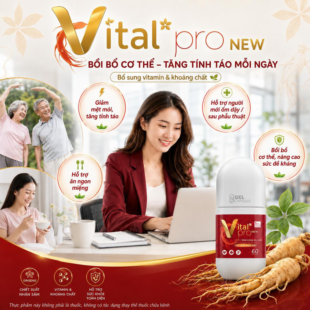 Viên uống Vital Pro New bổ sung vitamin và nhân sâm cải tiến mới, hỗ trợ tăng sức đề kháng, giảm mệt mỏi uể oải (Lọ 30 viên, 60 viên)