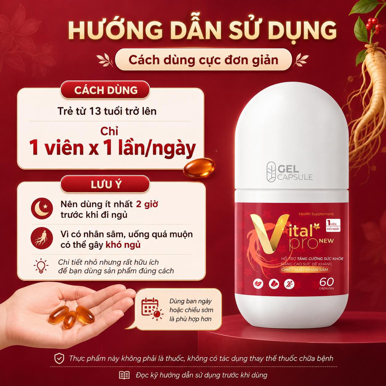 Viên uống Vital Pro New bổ sung vitamin và nhân sâm cải tiến mới, hỗ trợ tăng sức đề kháng, giảm mệt mỏi uể oải (Lọ 30 viên, 60 viên)