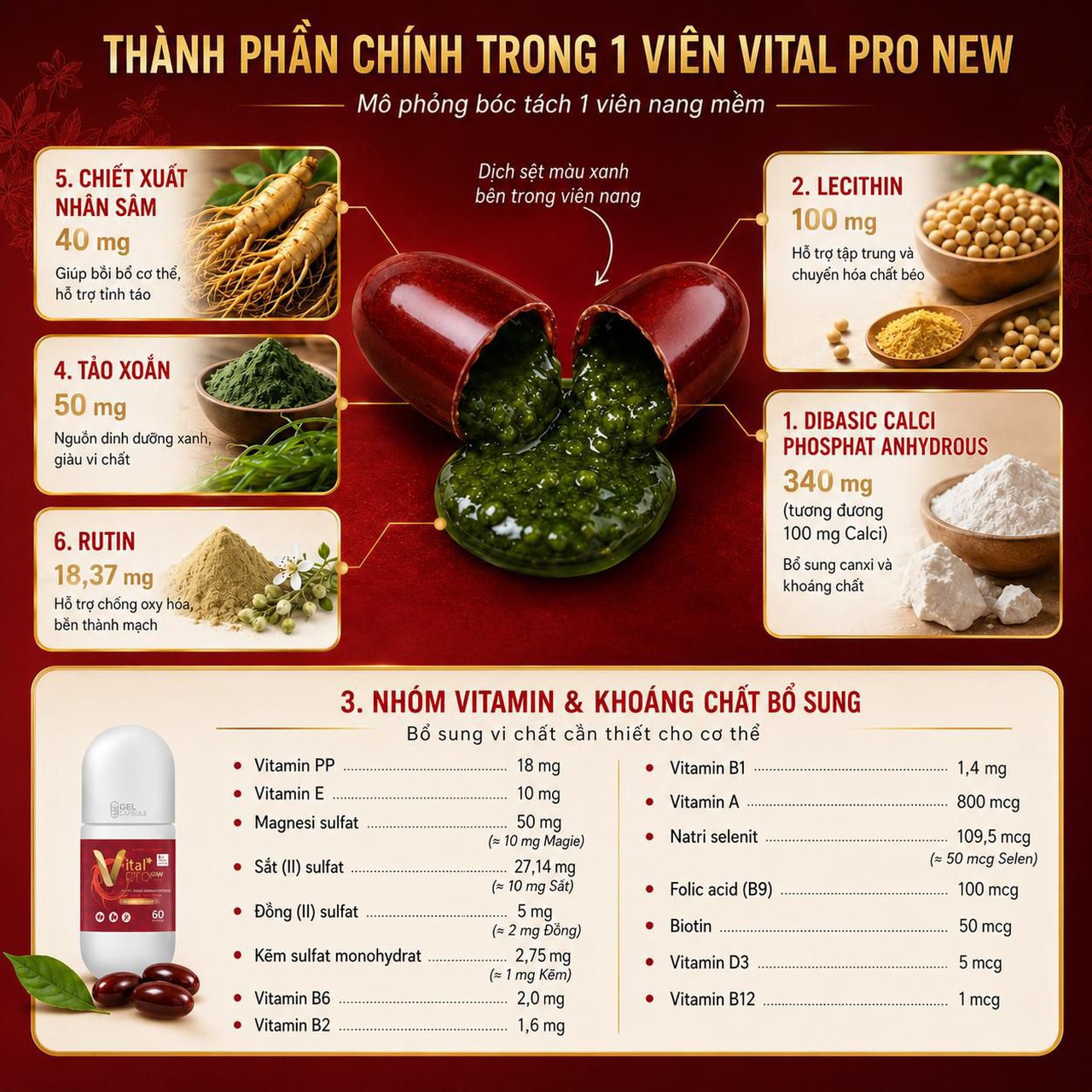 Viên uống Vital Pro New bổ sung vitamin và nhân sâm cải tiến mới, hỗ trợ tăng sức đề kháng, giảm mệt mỏi uể oải (Lọ 30 viên, 60 viên)