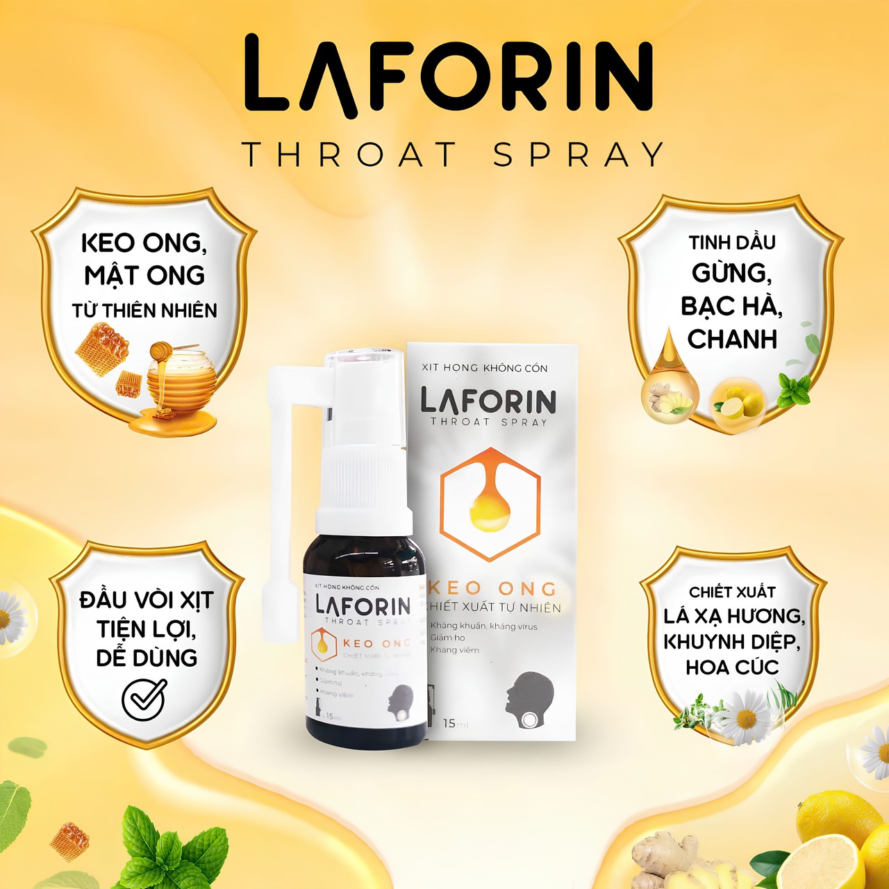 Xịt Họng Thảo Dược Laforin Throat Spray Giảm Nhanh Cơn Đau Rát Họng Làm Dịu CƠn Đau Giúp Dễ Ngủ Hơn (Lọ 15ml)