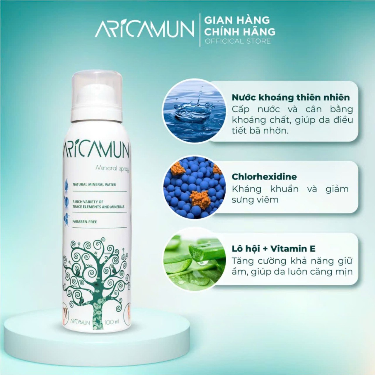 Xịt Khoáng Aricamun Mineral Spray Cấp Ẩm, Làm Dịu Da, Giảm Bóng Nhờn Hiệu Quả (Chai 100ml)