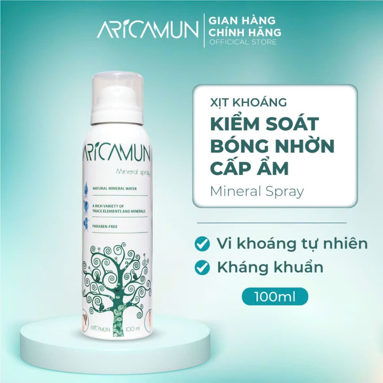 Xịt Khoáng Aricamun Mineral Spray Cấp Ẩm, Làm Dịu Da, Giảm Bóng Nhờn Hiệu Quả (Chai 100ml)