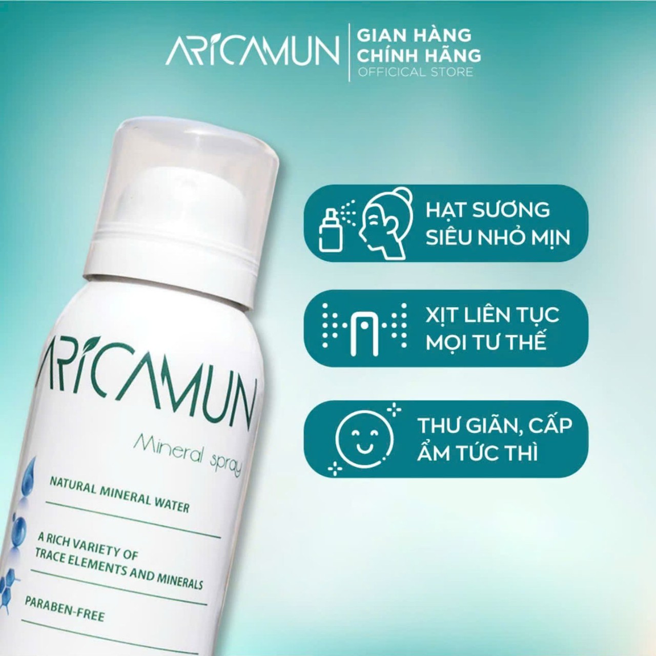 Xịt Khoáng Aricamun Mineral Spray Cấp Ẩm, Làm Dịu Da, Giảm Bóng Nhờn Hiệu Quả (Chai 100ml)
