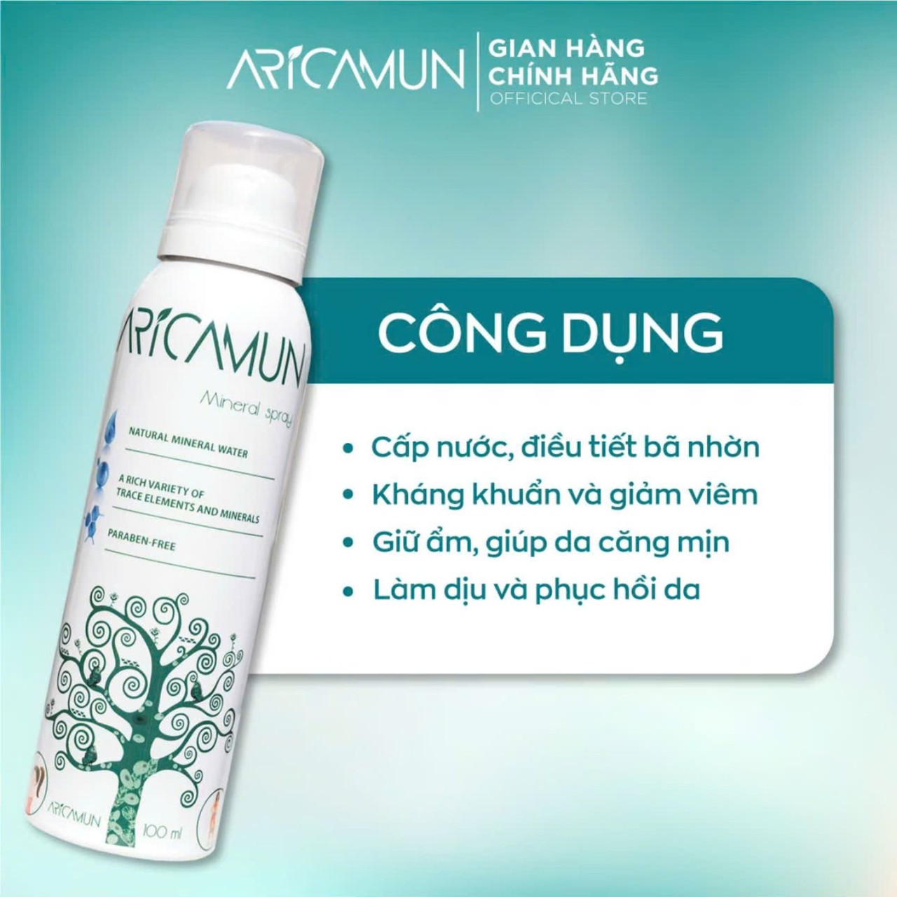 Xịt Khoáng Aricamun Mineral Spray Cấp Ẩm, Làm Dịu Da, Giảm Bóng Nhờn Hiệu Quả (Chai 100ml)