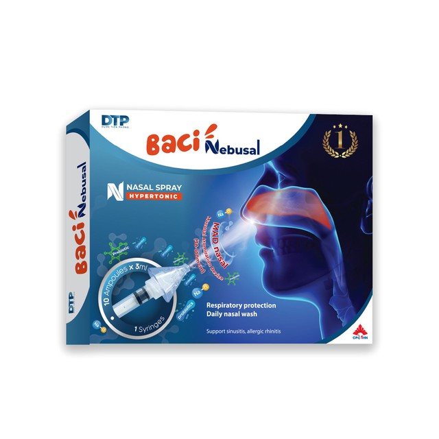 Xịt Mũi Baci Nebusal Bổ Sung Lợi Khuẩn Kết Hợp Muối Ưu Trương Giúp Giảm Nghẹt Mũi, Sổ Mũi, Viêm Mũi Cho Bé (Hộp 10 Ống 3 ml)